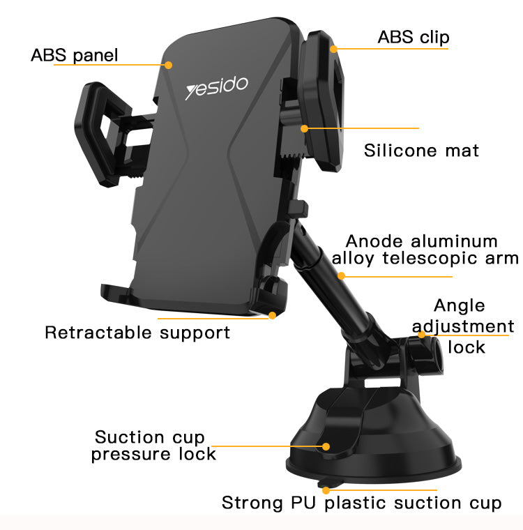 Yesido C40 360° Telescopic Suction-Cup Car Phone Holder for 4–7″ Phones