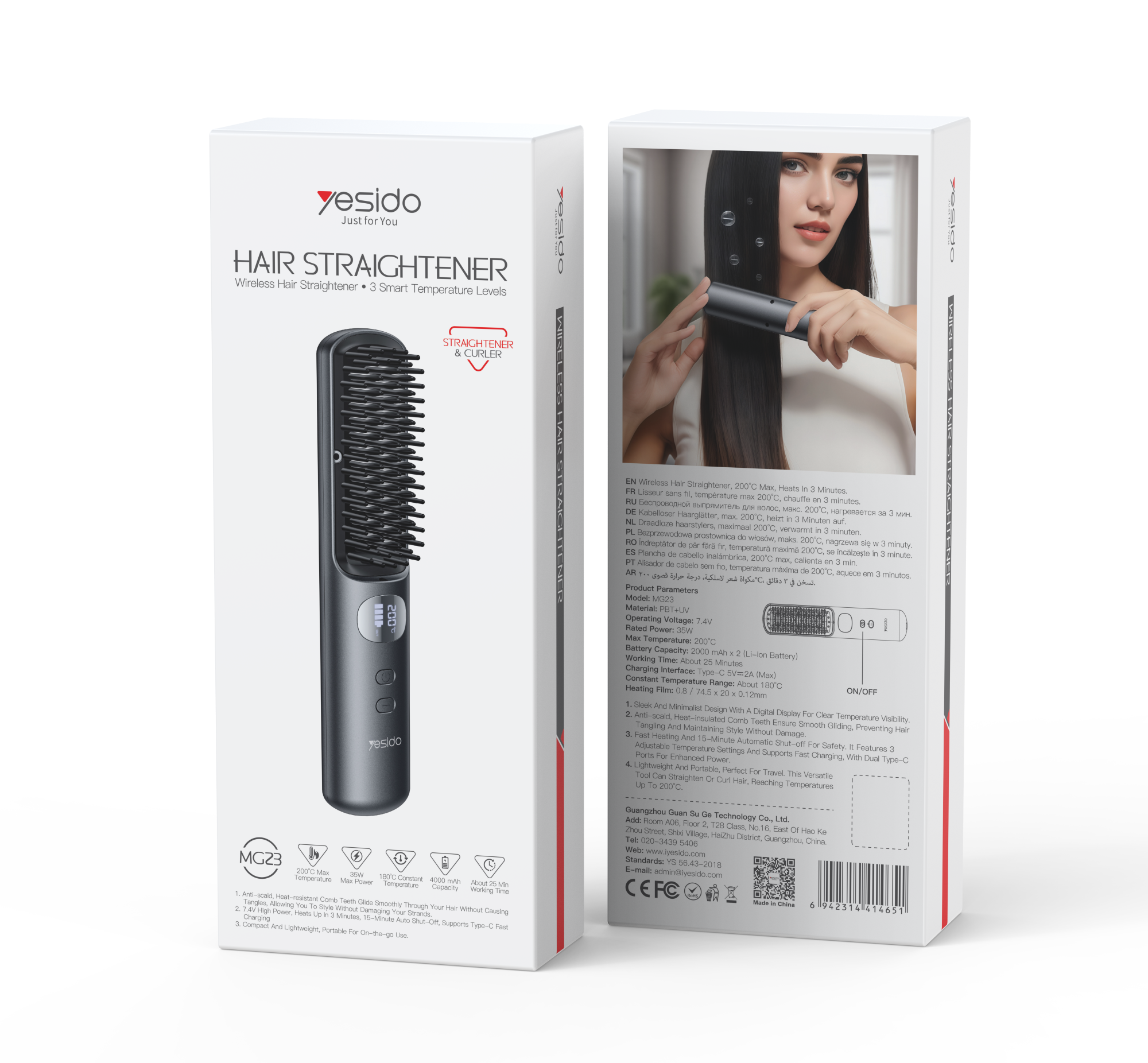 Yesido MG23 Cordless Hair Straightener Comb with Digital Display
