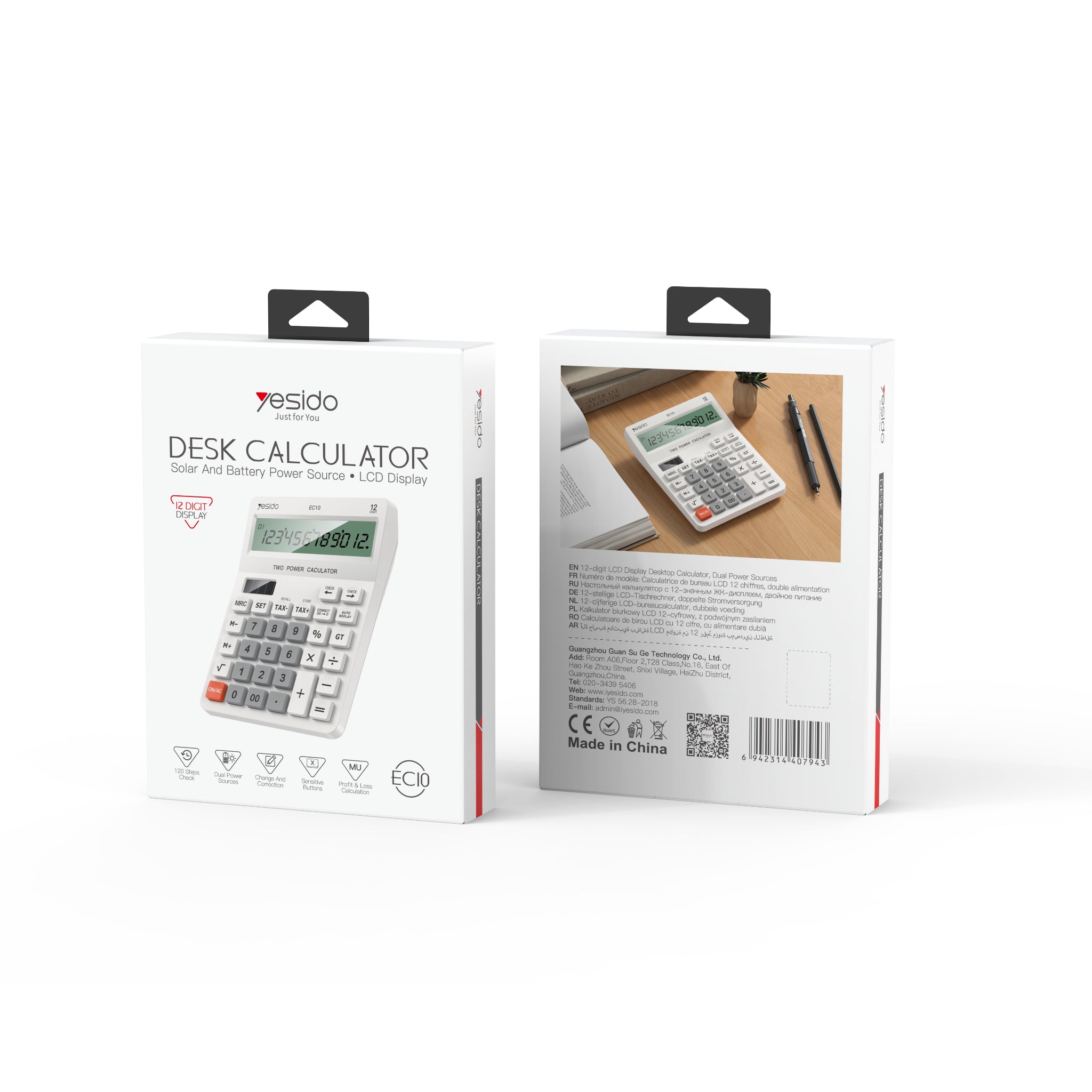Yesido EC10 12-Digit Dual-Power Desktop Calculator with Check Function